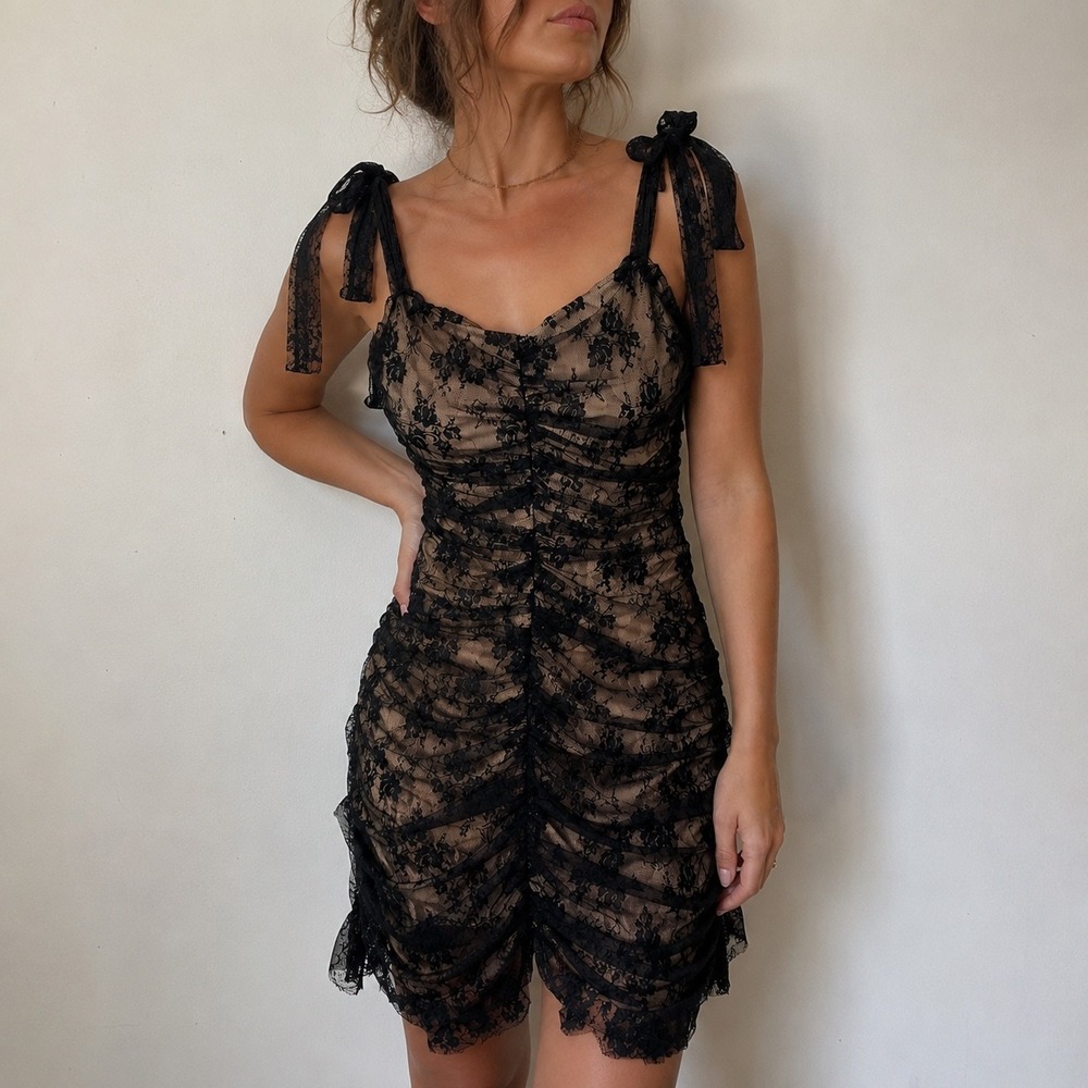 Lulus Black Lace Ruched‎ Bodycon Mini Dress Tie Straps XS Coquette Goth Y2K